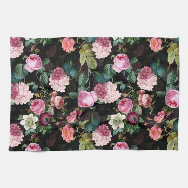 Antique Nostalgic Redouté Roses Pattern black Kitchen Towel (Horizontal)