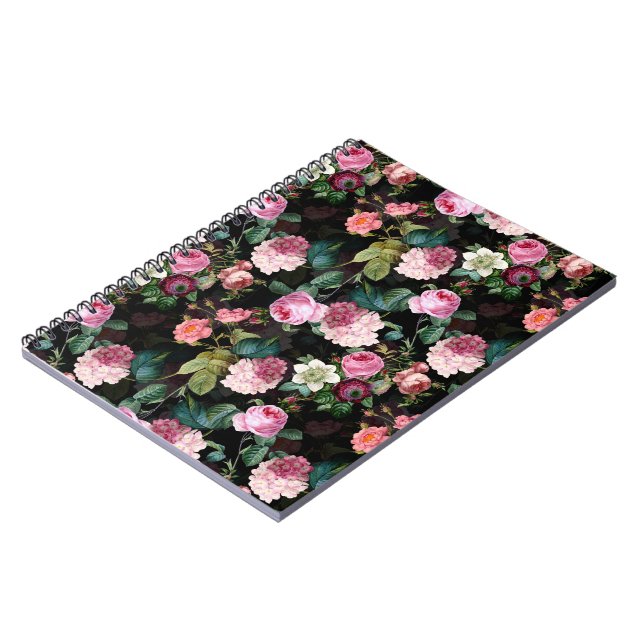 Antique Nostalgic Redouté Roses Pattern black Notebook (Left Side)