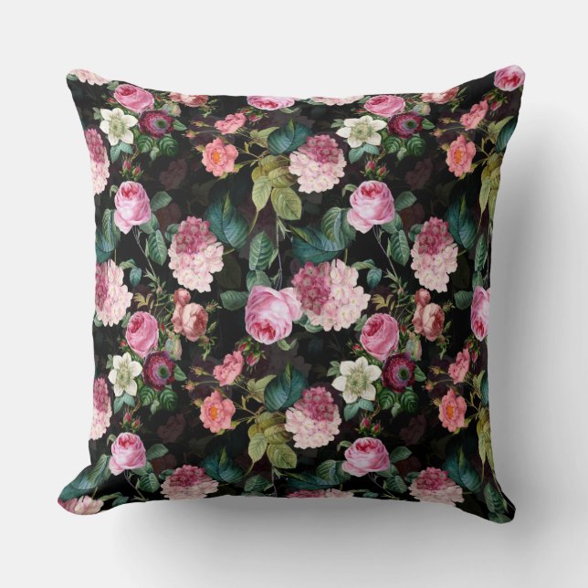 Antique Nostalgic Redouté Roses Pattern black Throw Pillow (Front)