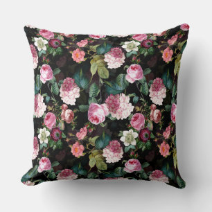 Antique Nostalgic Redouté Roses Pattern black Throw Pillow