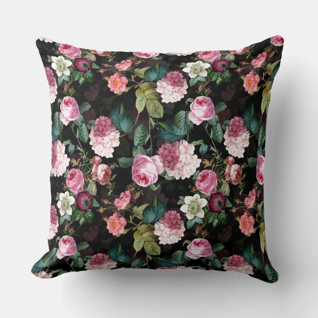 Antique Nostalgic Redouté Roses Pattern black Throw Pillow (Front)