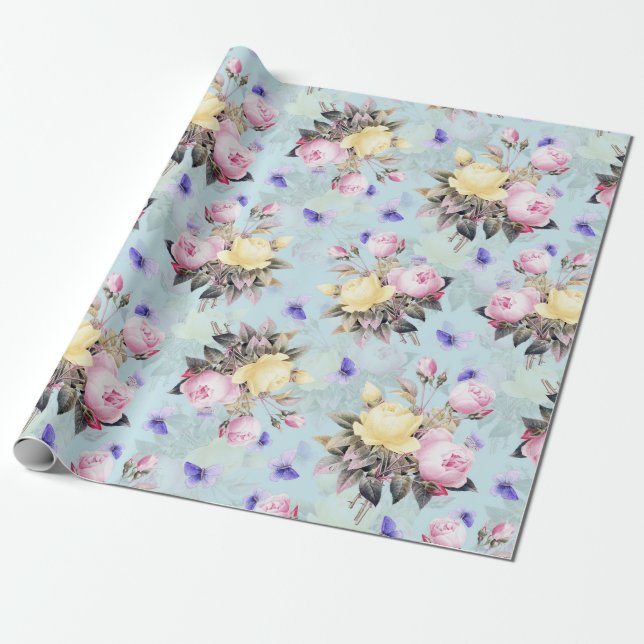 Antique Nostalgic Redouté Roses Pattern blue Wrapping Paper (Unrolled)