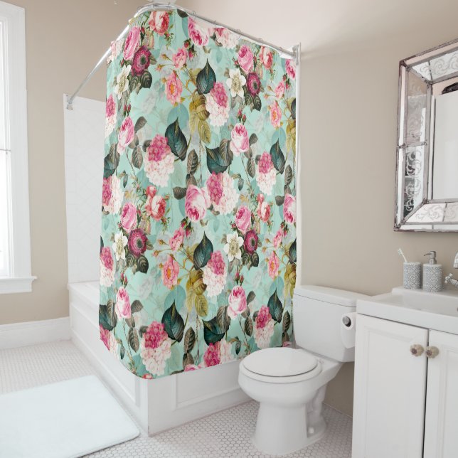 Antique Nostalgic Redouté Roses Pattern mint Shower Curtain (In Situ)