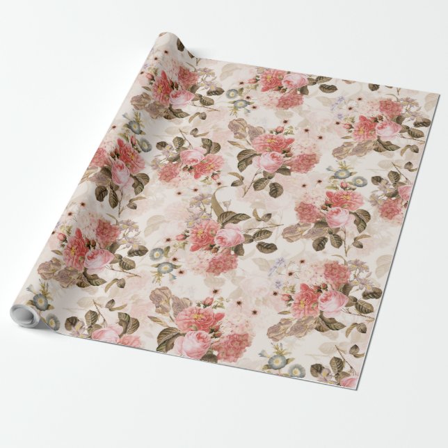 Antique Nostalgic Redouté Roses Pattern sepia Wrapping Paper (Unrolled)