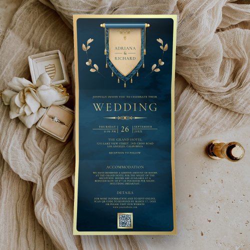 Antique Ocean Blue Gold Scroll Medieval Wedding Tri_Fold Invitation