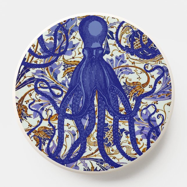 Antique Octopus on Blue Gold Floral PopSocket (Popsocket)