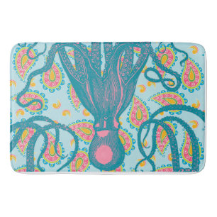 Antique Octopus on Blue Paisley Bath Mat