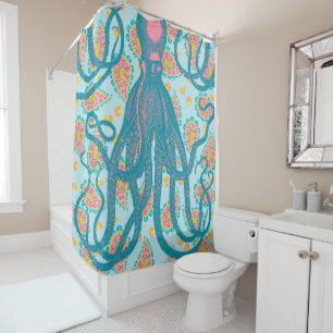 Antique Octopus on Blue Paisley Shower Curtain
