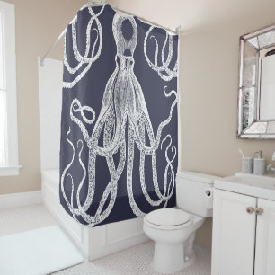 Antique Octopus on Blue Shower Curtain