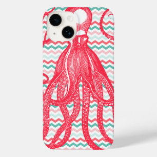 Antique Octopus on Coral and Aqua Chevrons Case-Mate iPhone 14 Case