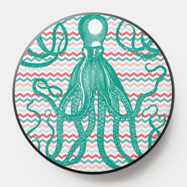 Antique Octopus on Coral and Aqua Chevrons PopSocket (Popsocket)