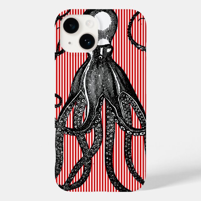 Antique Octopus on Red White Stripes Case-Mate iPhone Case (Back)