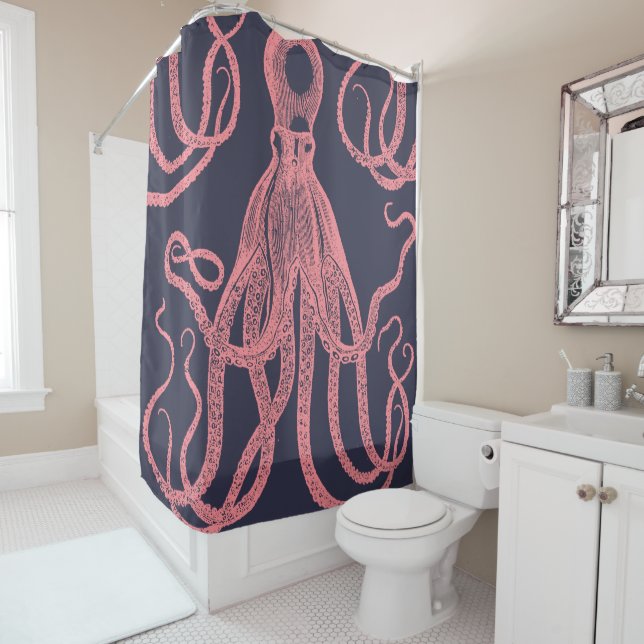 Antique Octopus Pink on Blue Shower Curtain (In Situ)