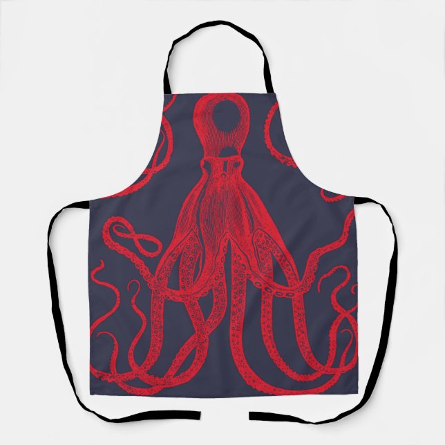 Antique Octopus Red on Blue Apron (Front)