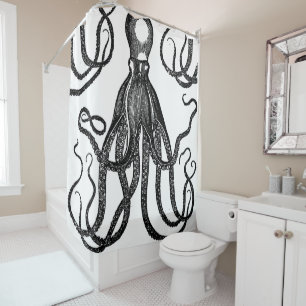 Antique Octopus with Tentacles Black Shower Curtain