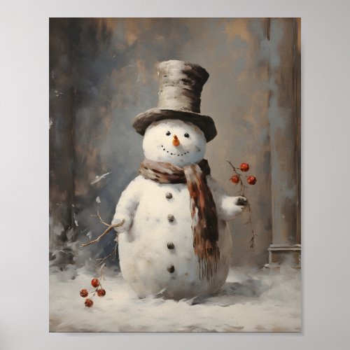 Antique Oil Painting Of A Snowman Wearing Hat Poster