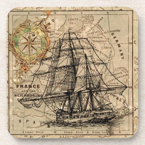 Antique Old General France Map  Ship Beverage Coaster