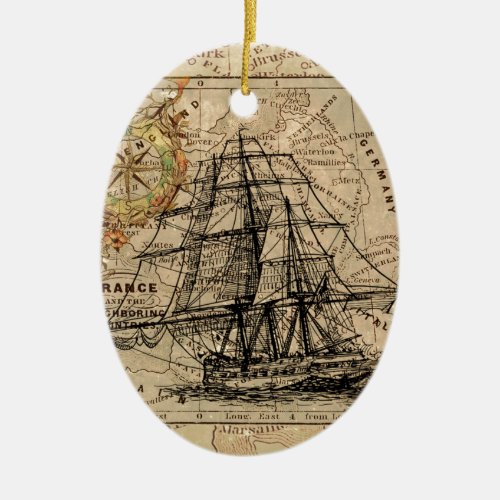 Antique Old General France Map  Ship Ceramic Ornament