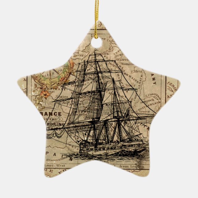 Antique Old General France Map & Ship Ceramic Ornament (Front)