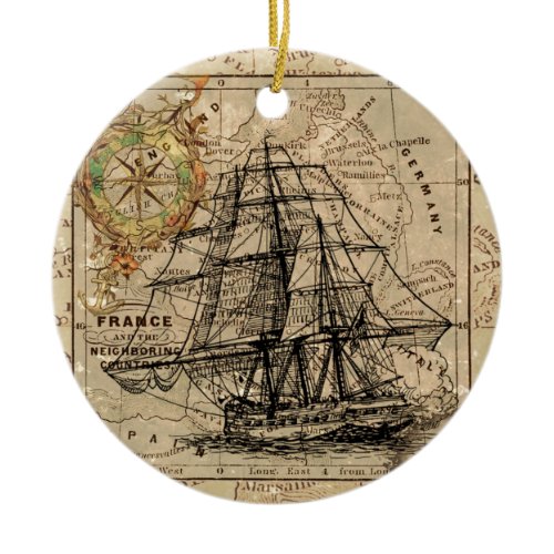 Antique Old General France Map &amp; Ship Ceramic Ornament