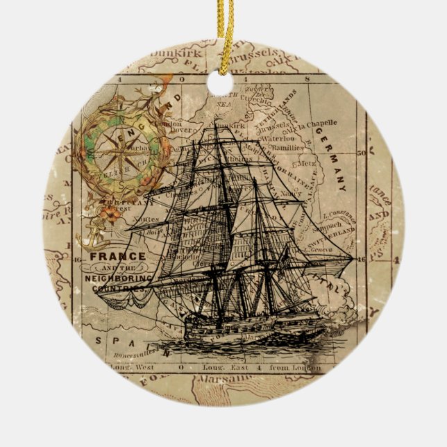 Antique Old General France Map & Ship Ceramic Ornament (Front)