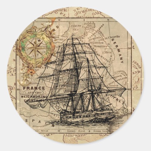 Antique Old General France Map  Ship Classic Round Sticker