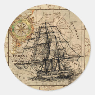 Antique Old General France Map & Ship Classic Round Sticker