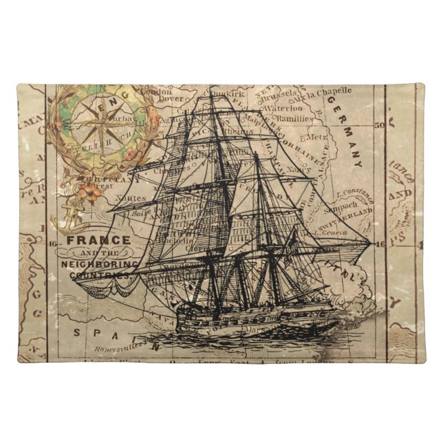 Antique Old General France Map & Ship Cloth Placemat (Front)
