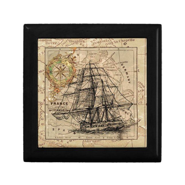 Antique Old General France Map & Ship Gift Box (Front)