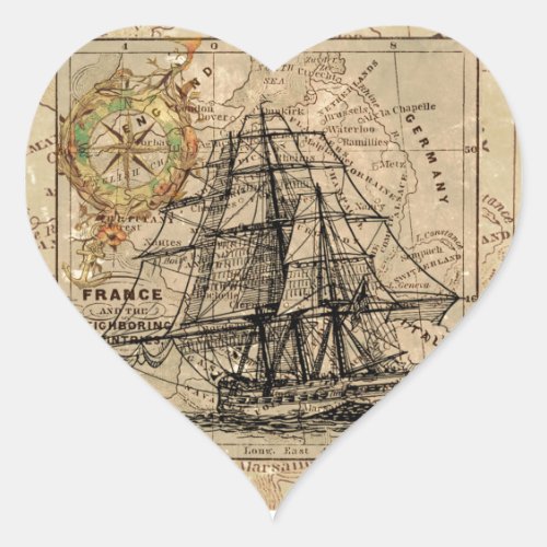 Antique Old General France Map  Ship Heart Sticker