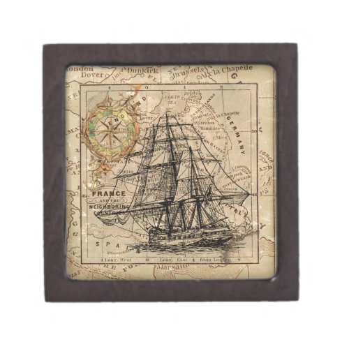Antique Old General France Map  Ship Jewelry Box