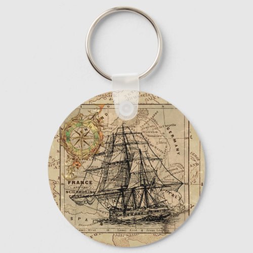 Antique Old General France Map  Ship Keychain