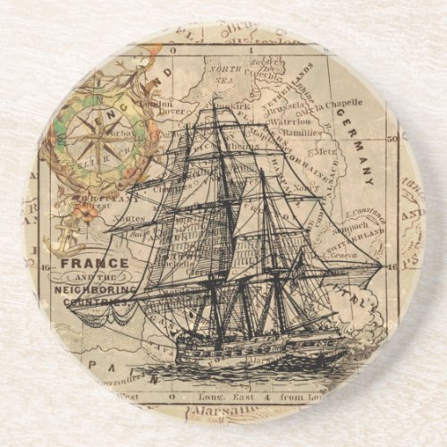 Antique Old General France Map  Ship Lithograph Coaster