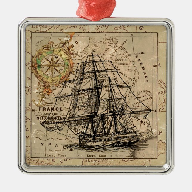 Antique Old General France Map & Ship Metal Ornament (Front)