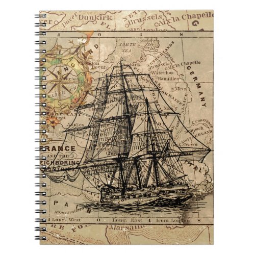 Antique Old General France Map  Ship Notebook