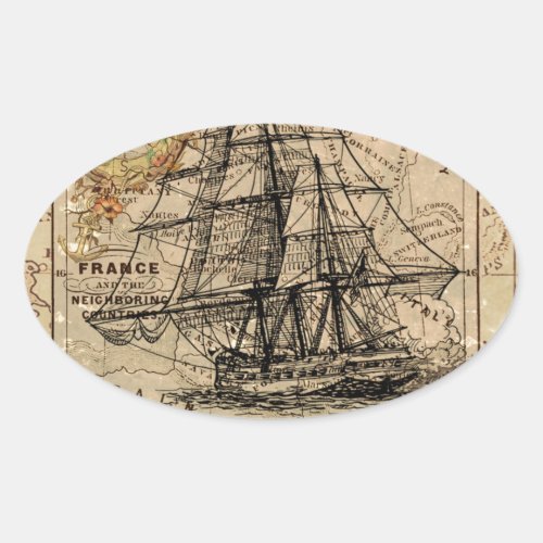 Antique Old General France Map  Ship Oval Sticker