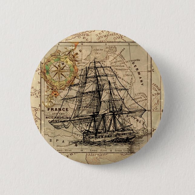 Antique Old General France Map & Ship Pinback Button (Front)