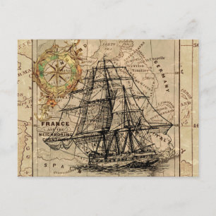 Antique Old General France Map & Ship Postcard