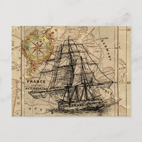 Antique Old General France Map  Ship Postcard