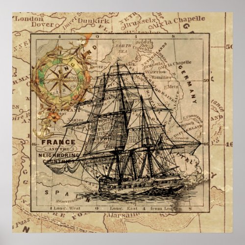 Antique Old General France Map  Ship Poster