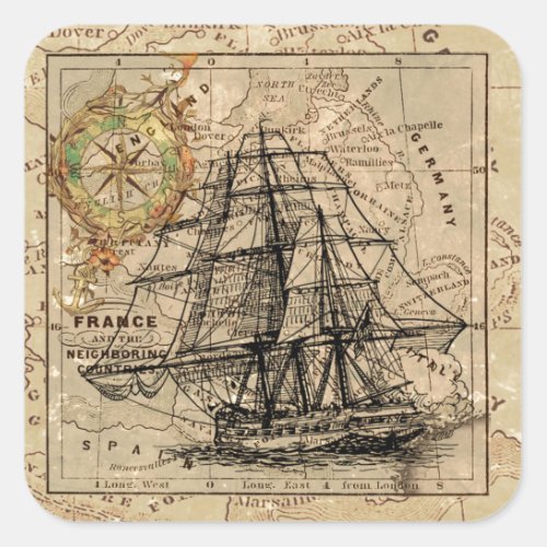 Antique Old General France Map  Ship Square Sticker