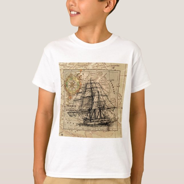 Antique Old General France Map & Ship T-Shirt (Front)