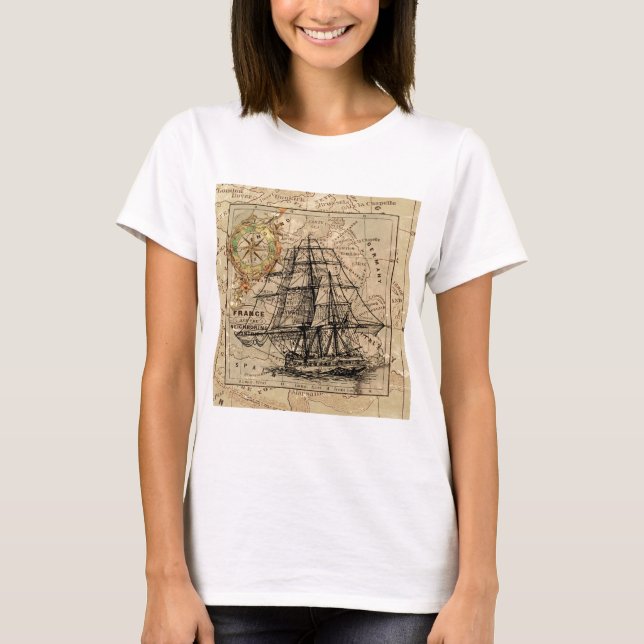 Antique Old General France Map & Ship T-Shirt (Front)