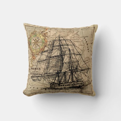Antique Old General France Map  Ship Throw Pillow