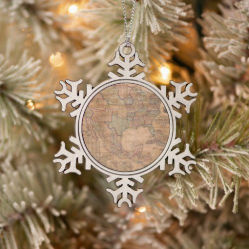 Antique Old Map Inspired 13 Snowflake Pewter Christmas Ornament