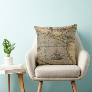 Antique Old Map Inspired (14) Luggage Tag Throw Pillow