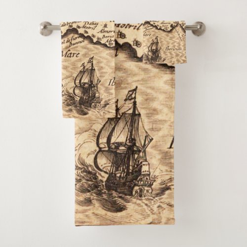 Antique Old Map Inspired 3 Bath Towel Set