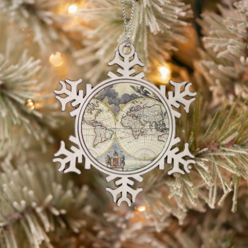 Antique Old Map Inspired 4 Snowflake Pewter Christmas Ornament