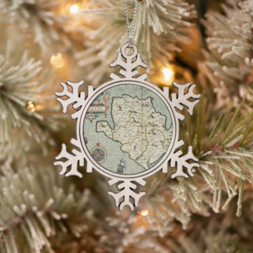Antique Old Map Inspired 7 Snowflake Pewter Christmas Ornament