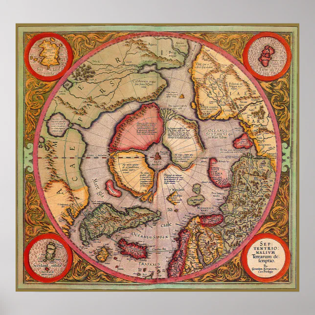 Antique Old World Map, Arctic North Pole, 1595 Poster | Zazzle